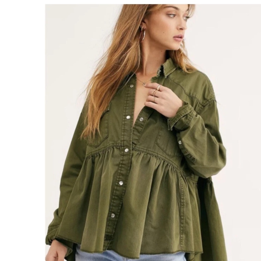 Free People Shirt Jacket Womens Med Green We The Free Peplum Tiered Utility Top